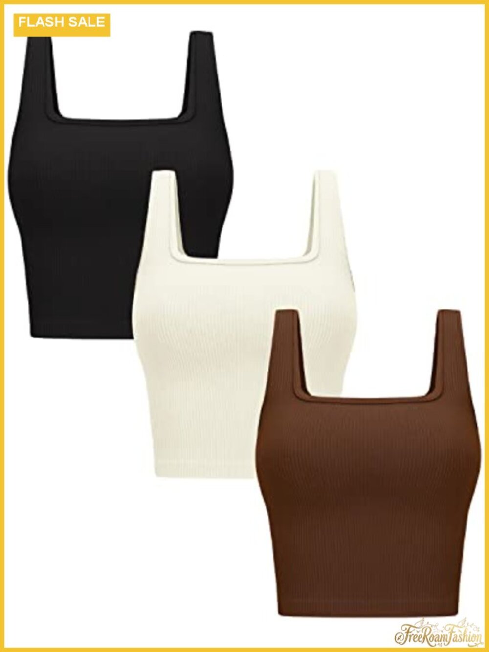 3 Pack Crop Tank Tops Sleeveless Square Neck Ribbed Seamless Stretchy Workout